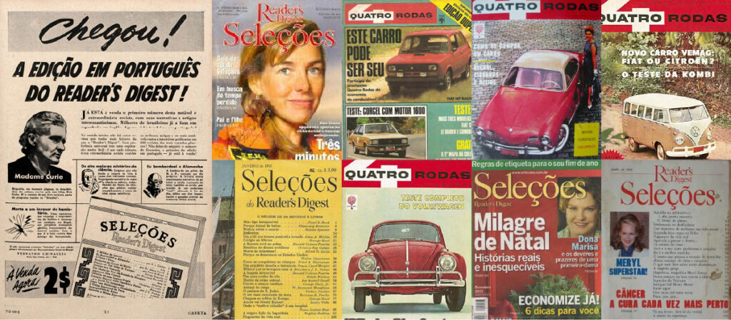 Capas antigas das revistas "Seleções Reader's Digest e Quatro rodas
